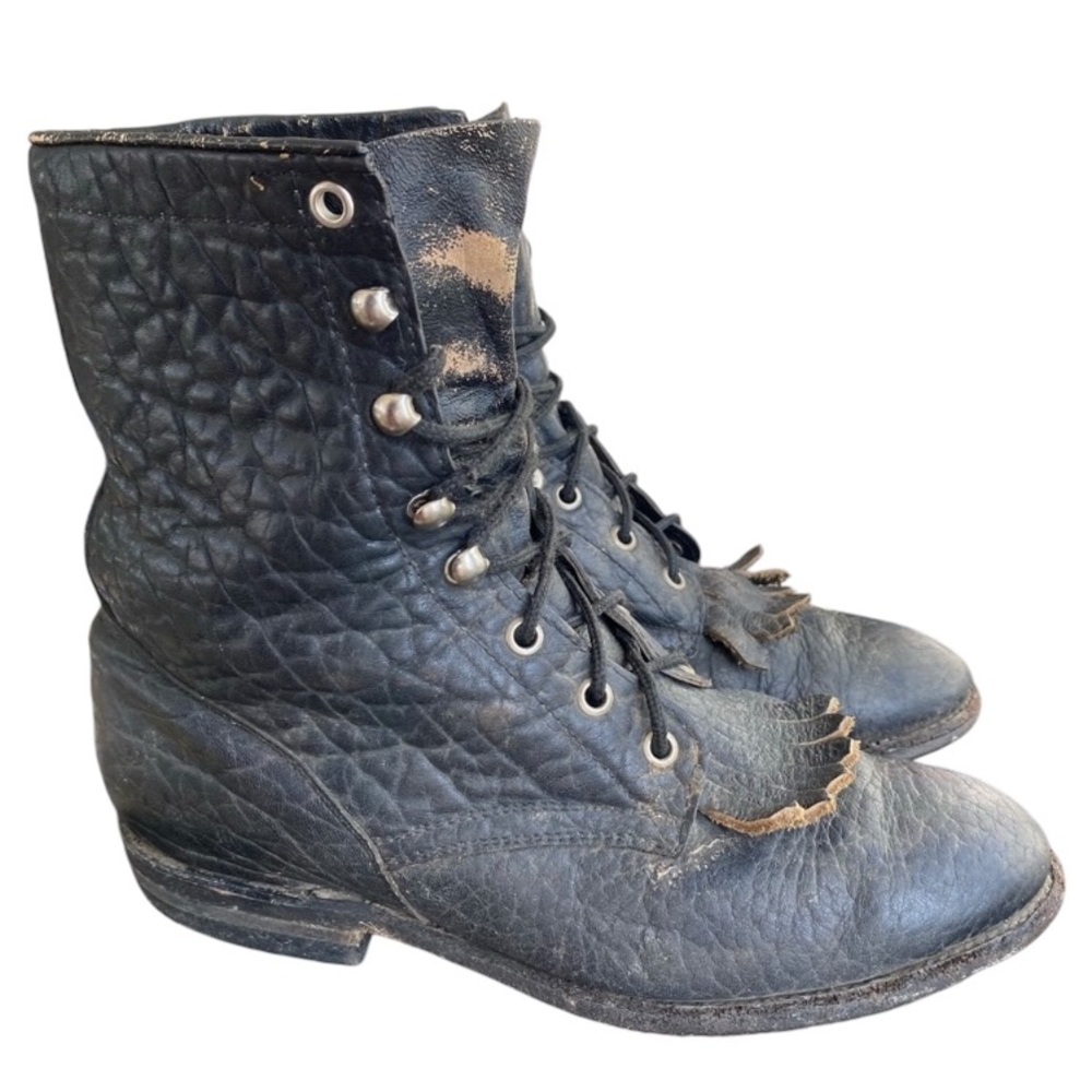 COWTOWN BOOTS Vintage Black Lace-Up Western Roper Boots Women's Size 7 1/2 D